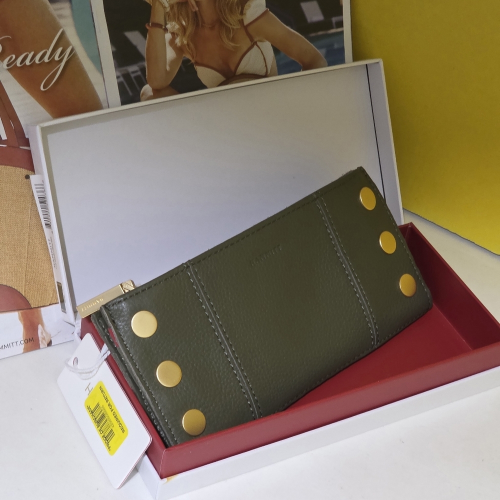 Hammitt Olive  Leather Wallet with Gold Accents